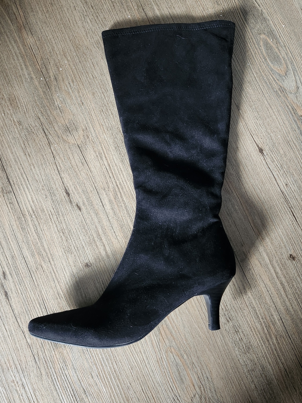 Women's Black Mid-Calf Imitation Suede Pointed Toe Kitten Heel Boots